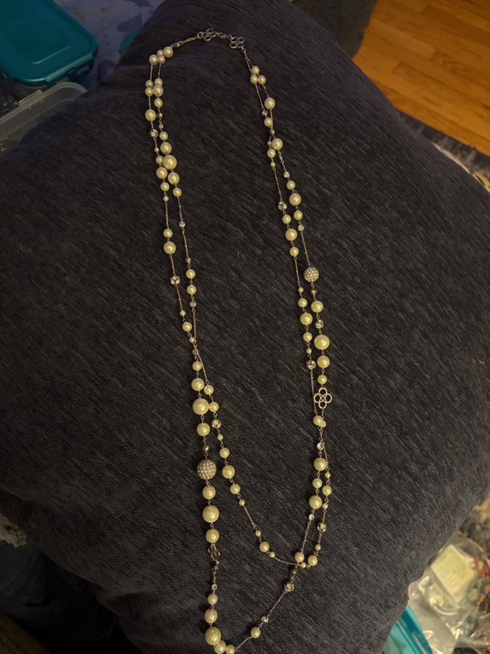 Long Pearl double Strand  - Cream Pearls with Silver and cry Accents